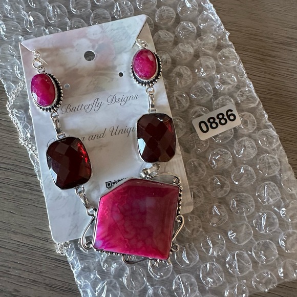 0886 Solar Agate Garnet Necklace Handmade Silver Gemstone Statement Jewelry - Picture 7 of 7